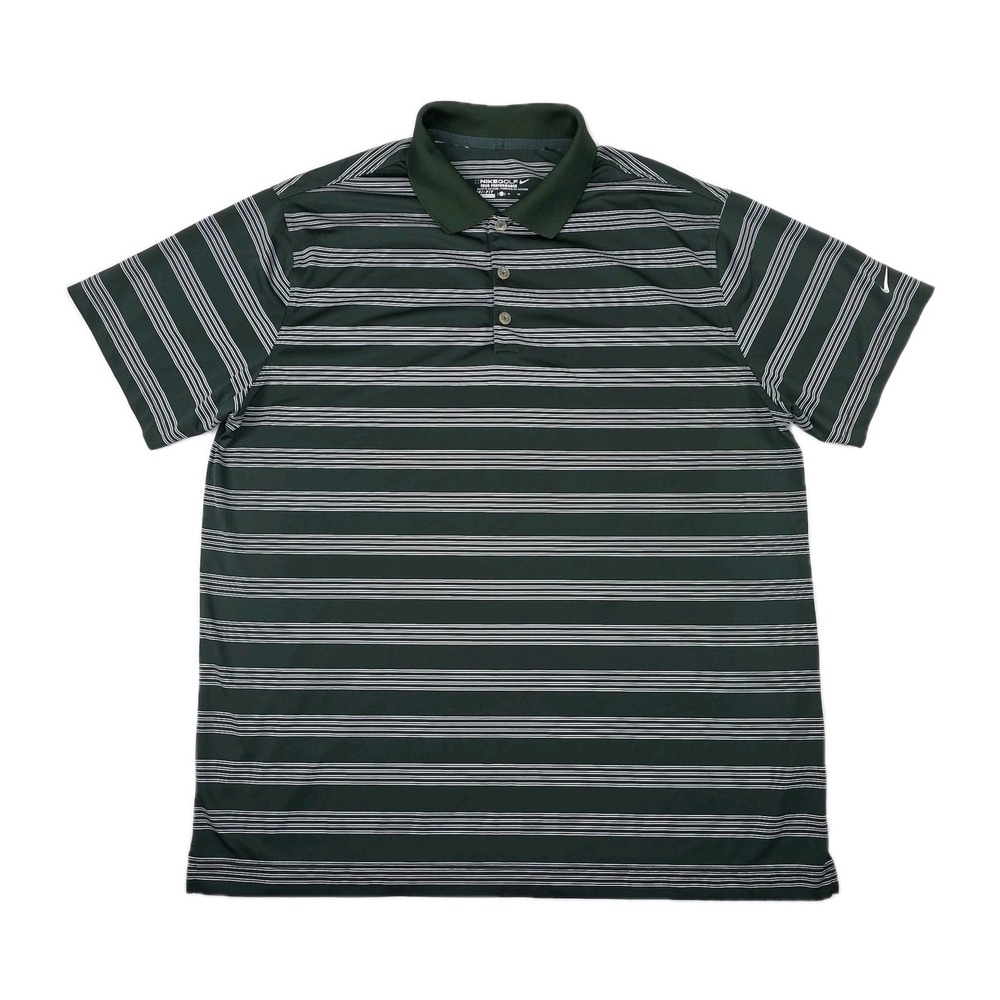 Nike Golf Polo Shirt Mens XL Green White Striped Dri-Fit Tour Performance